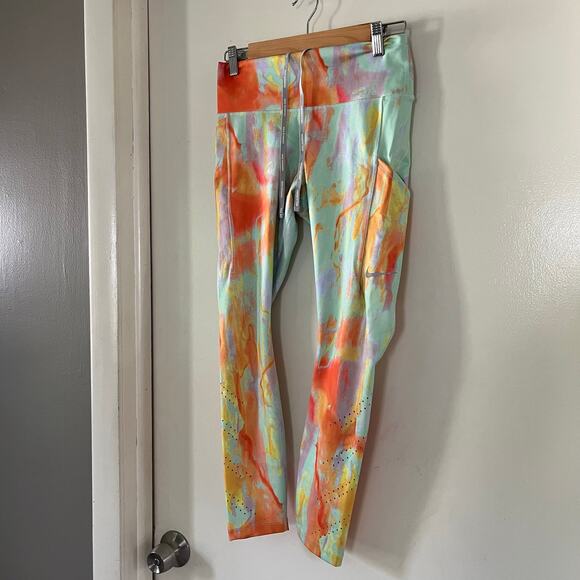 Nike Dri-Fit Epic Luxe Mid Rise 7/8 Pocket Leggings Size M Mint Orange Tie Dye - Picture 5 of 6